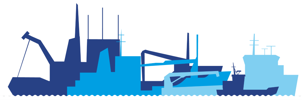 Siluett av arbetsfartyg i olika nyanser av blått