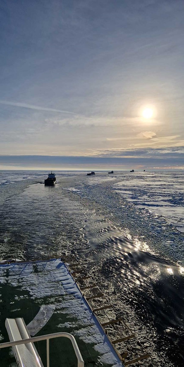 Bild på Oden som bryter is en solig dag framför 4 andra fartyg