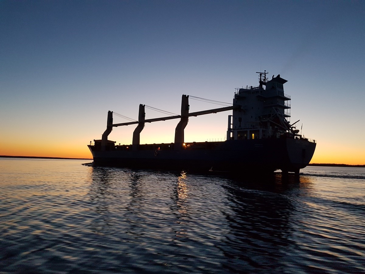 Silhouette of ship in sunset