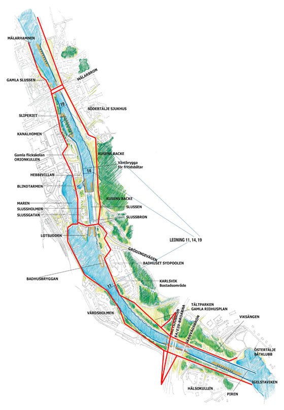Karta över Södertälje sluss- och kanalområde.