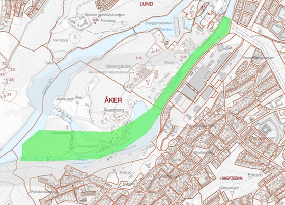 Kartbild över Trollhättan där ett av slussalternativen syns markerade.