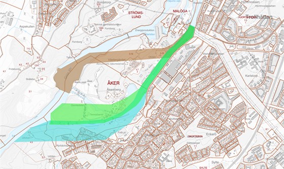 Kartbild över Trollhättans slussområde och markeringar där förslagan för nya dragningar av slussar syns.
