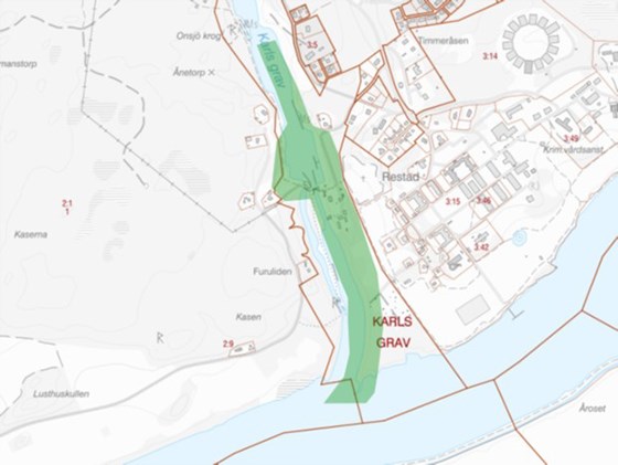 Kartbild över Vänersborg där ett av slussalternativen syns markerade.