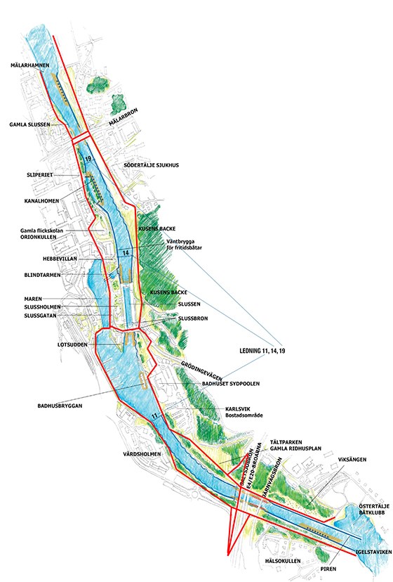 Karta över Södertälje sluss- och kanalområde. Karta över Södertälje sluss- och kanalområde.