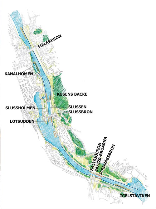 Geografisk beskrivning av Södertälje kanal och sluss. Illustration: Sjöfartsverket Geografisk beskrivning av Södertälje kanal och sluss
