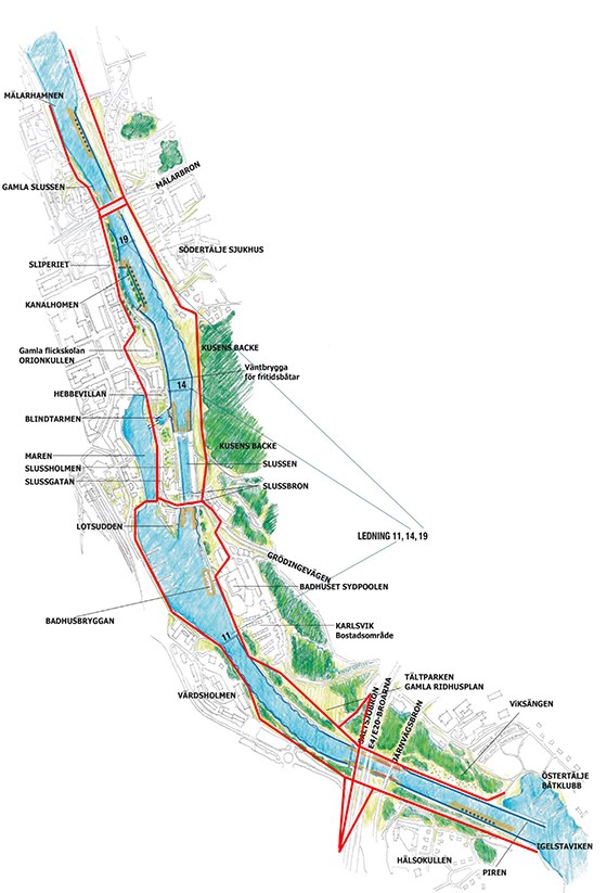 Karta över Södertälje sluss- och kanalområde. Karta över Södertälje sluss- och kanalområde.