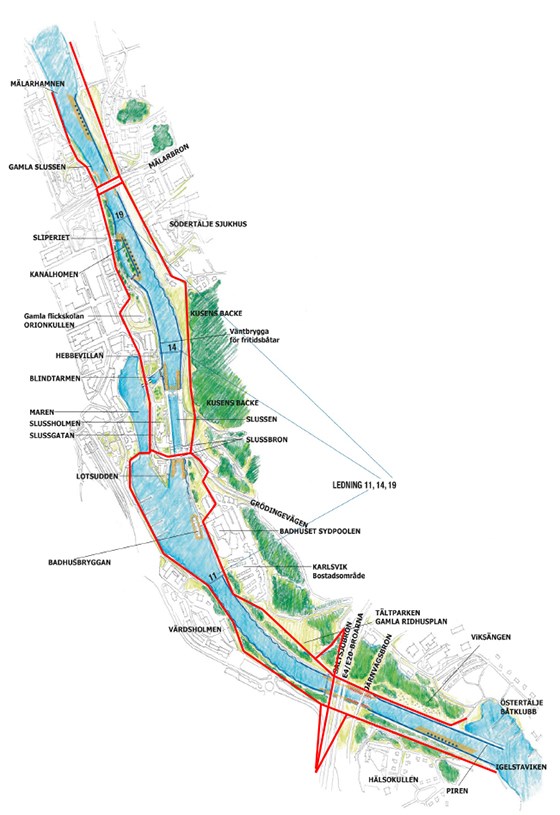 Karta över Södertälje sluss- och kanalområde.