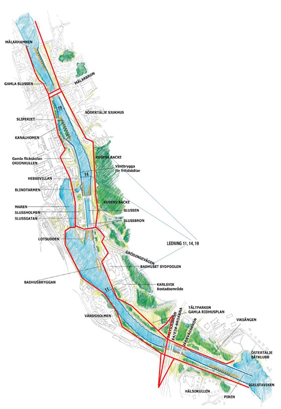 Södertälje sluss- och kanalområde. Karta över Södertälje sluss- och kanalområde.