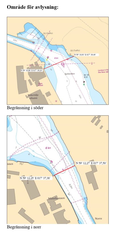 Bilder som visar var avlysningar ska göras under perioden 28 maj - 28 juni 2018 med möjlighet till förlängning. Avlysningen är partiell och gäller i området begränsat av Igelstaviken i söder och Mälarhamnen i norr (se bild nedan.llustration: Sjöfartsverket Bilder som visar var avlysningar ska göras