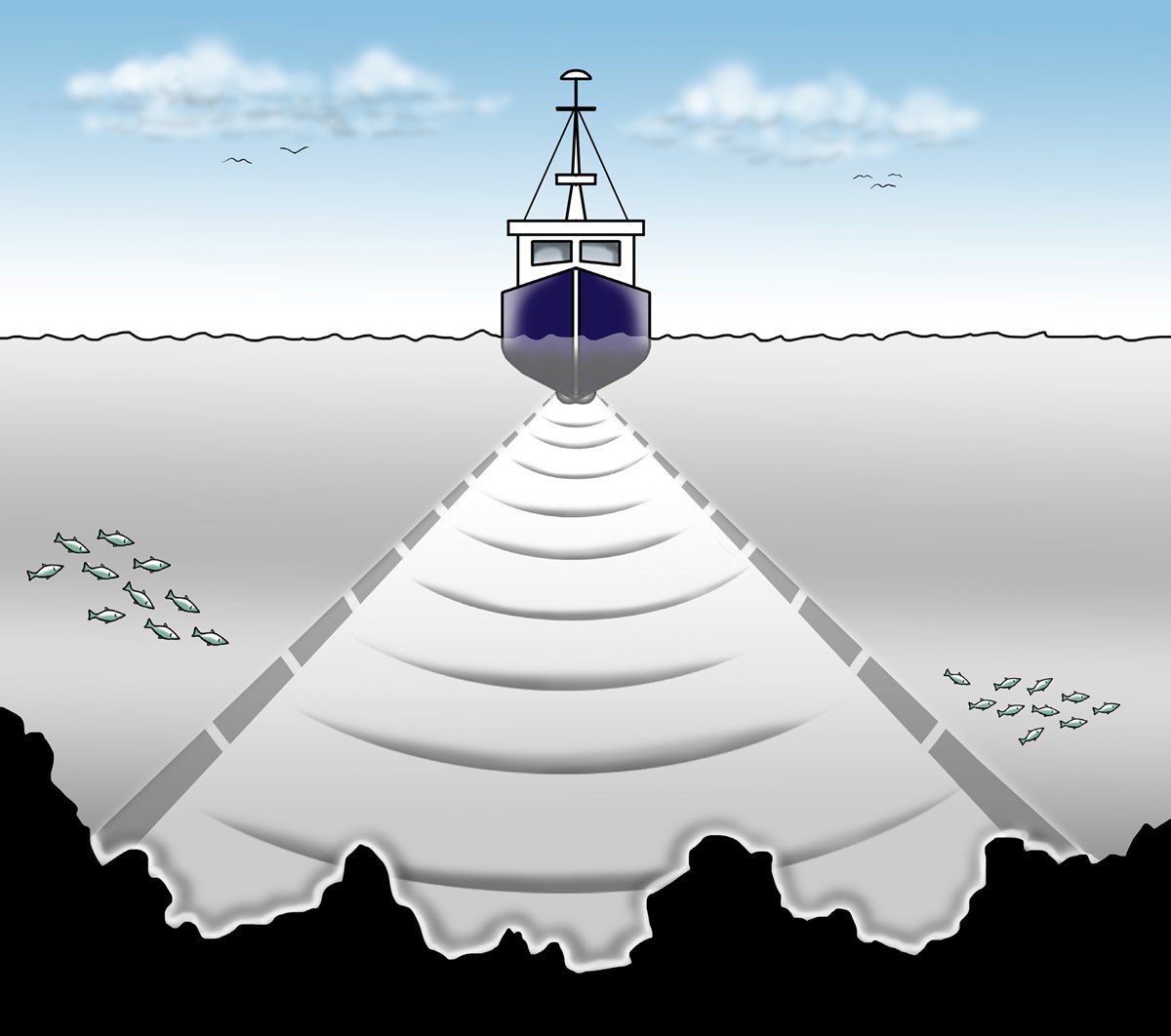 Illustration av ett sjömätningsfartyg som scannar av havsbotten.