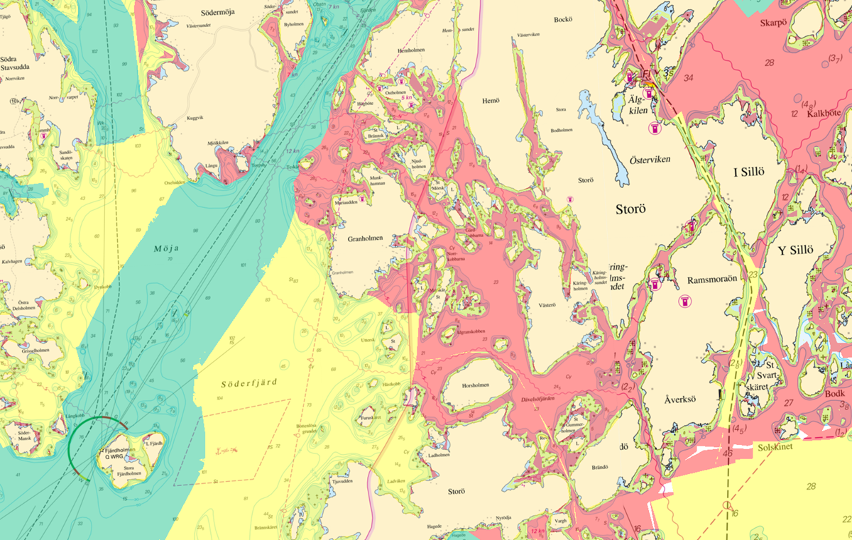 Gröna områden är sjömätta med moderna metoder. Röda områden är sjömätta mellan 1800-talet och 1940. Bild av ett sjökort över Stockholms skärgård.