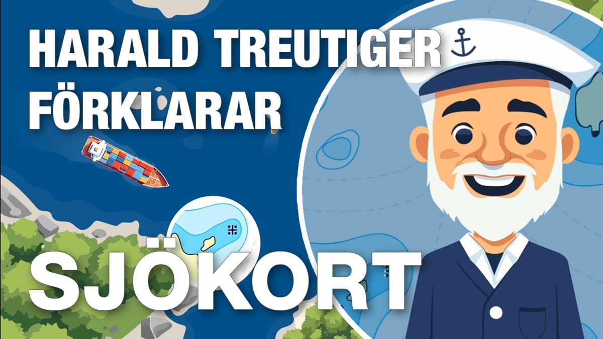 FIlmen Harald Treutiger förklarar Sjökort En tecknad bild på en avbildning av ett sjökort, en figur som ser ut som Harlad Treutiger syns till höger.