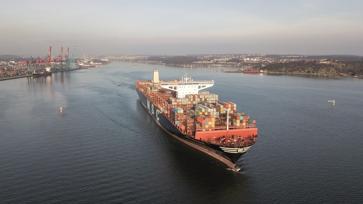 msc Viviana har lastat i Skandiahamnen på färd ut i världen. Foto: Göteborgs Hamn