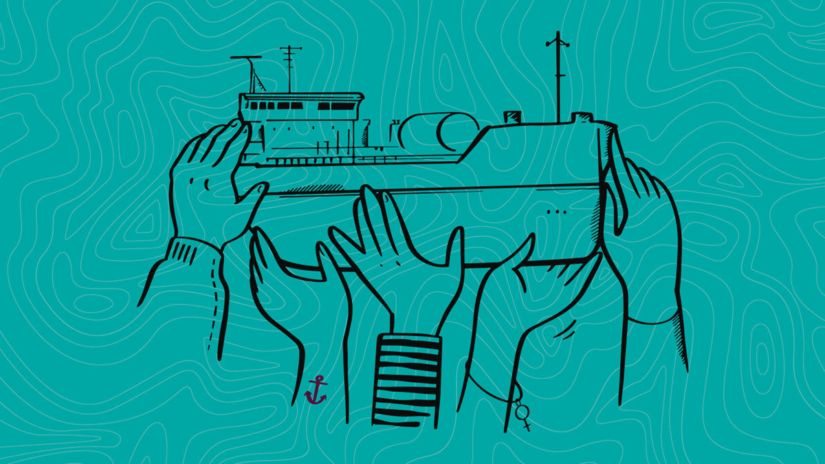 En illustration av ett fartyg som hålls uppe av flera händer.