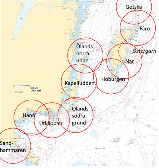 Bilden visar en karta över kustfryrar längs med sydöstra Sverige