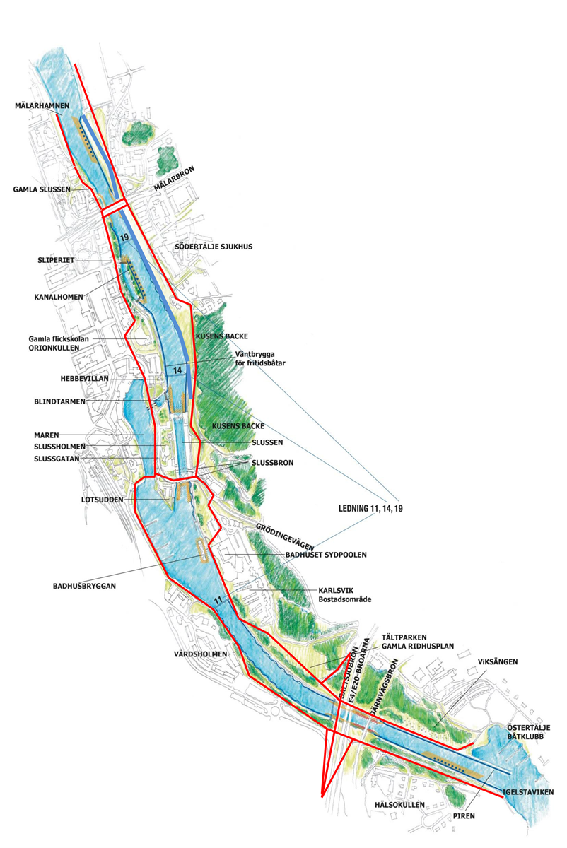 Karta över Södertälje slussområde