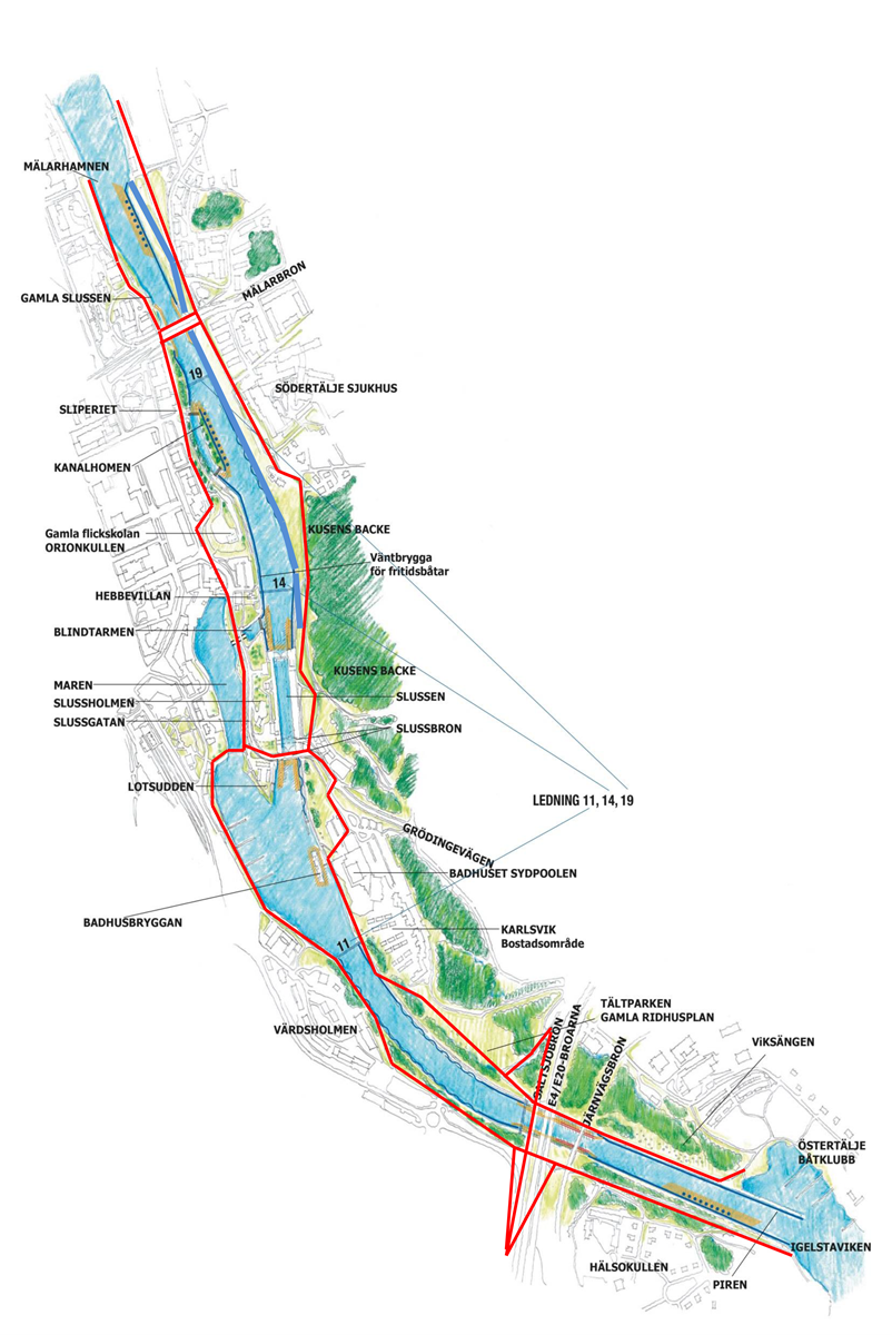 Karta över Södertälje slussområde Karta över Södertälje slussområde