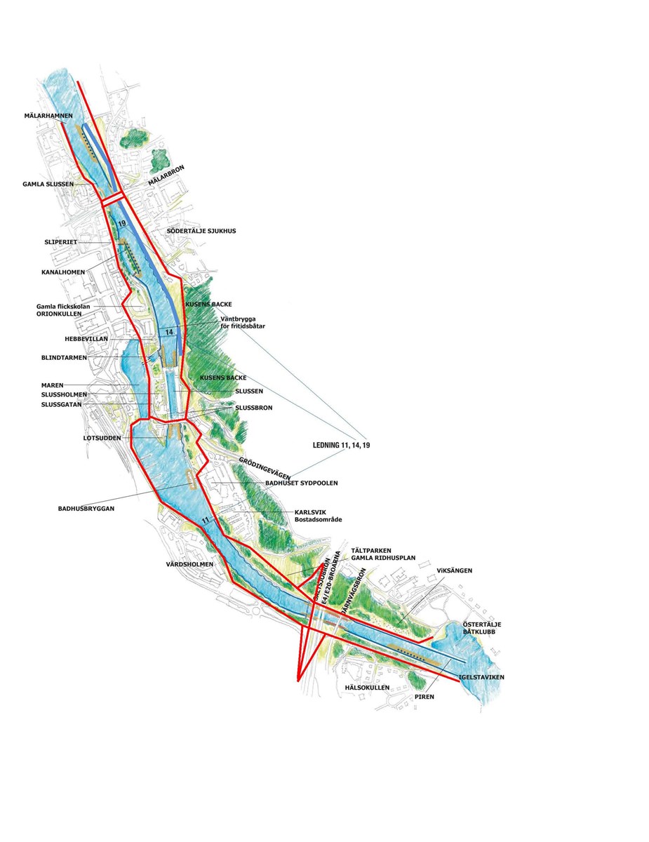 Kartbild över kanalområdet som bland annat visar att ett nybyggt trädäck uppförst på sträckan Slussen-Mälarbron.