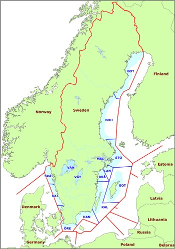 Karta av Sverige som visar uppdelningen av de regionala SAR områdena