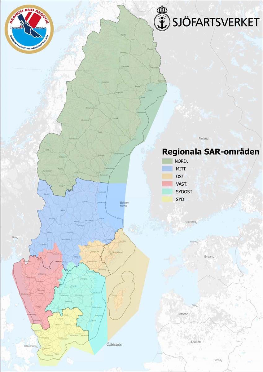 Karta av Sverige som visar uppdelningen av de regionala SAR områdena