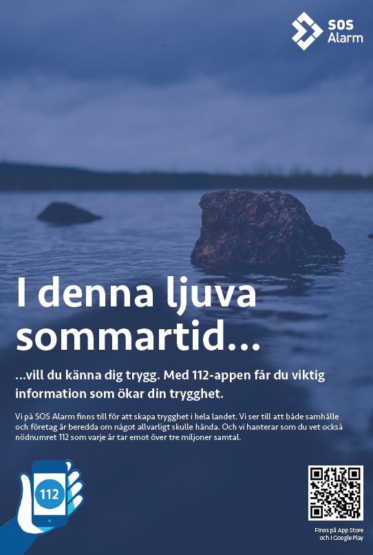 Bild med QR-kod och information om hur du larmar i 112-appen. Bild med QR-kod och information om hur du larmar i 112-appen.