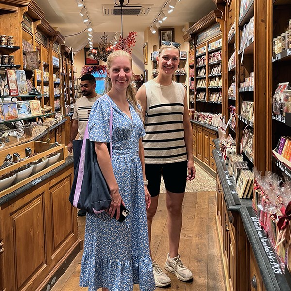 Two women in a Belgian chocolate shop