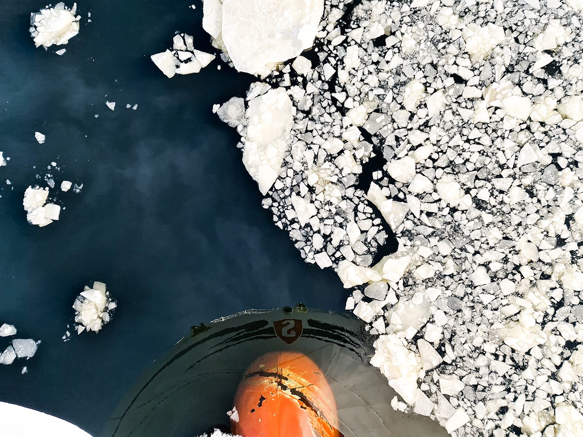Foto som visar bulben på ett fartyg i krossad is