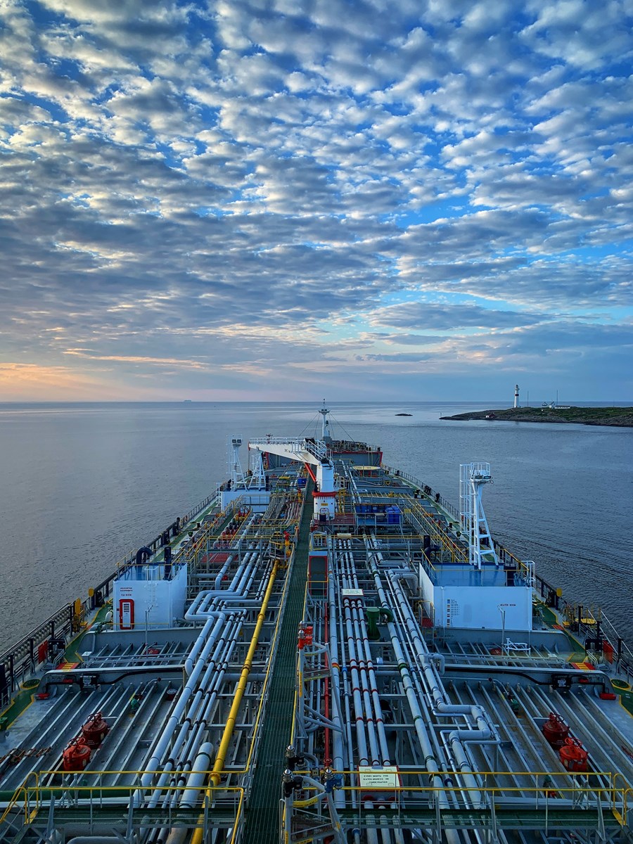 A tank ship seen from its bridge. Soon to be passing a lighthouse