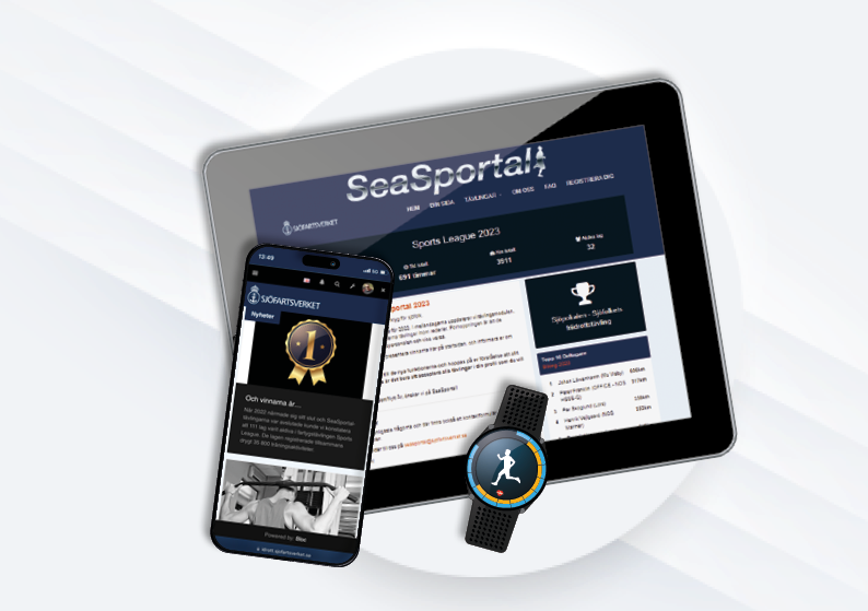 An iPad, a smart phone and a training watch showing SeaSportal