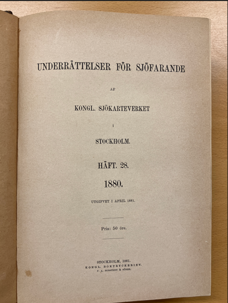 En bild på en av de första UFS-häftena som är bevarade i Sjöfartsverkets arkiv Bild av den av de första UFS från 1880
